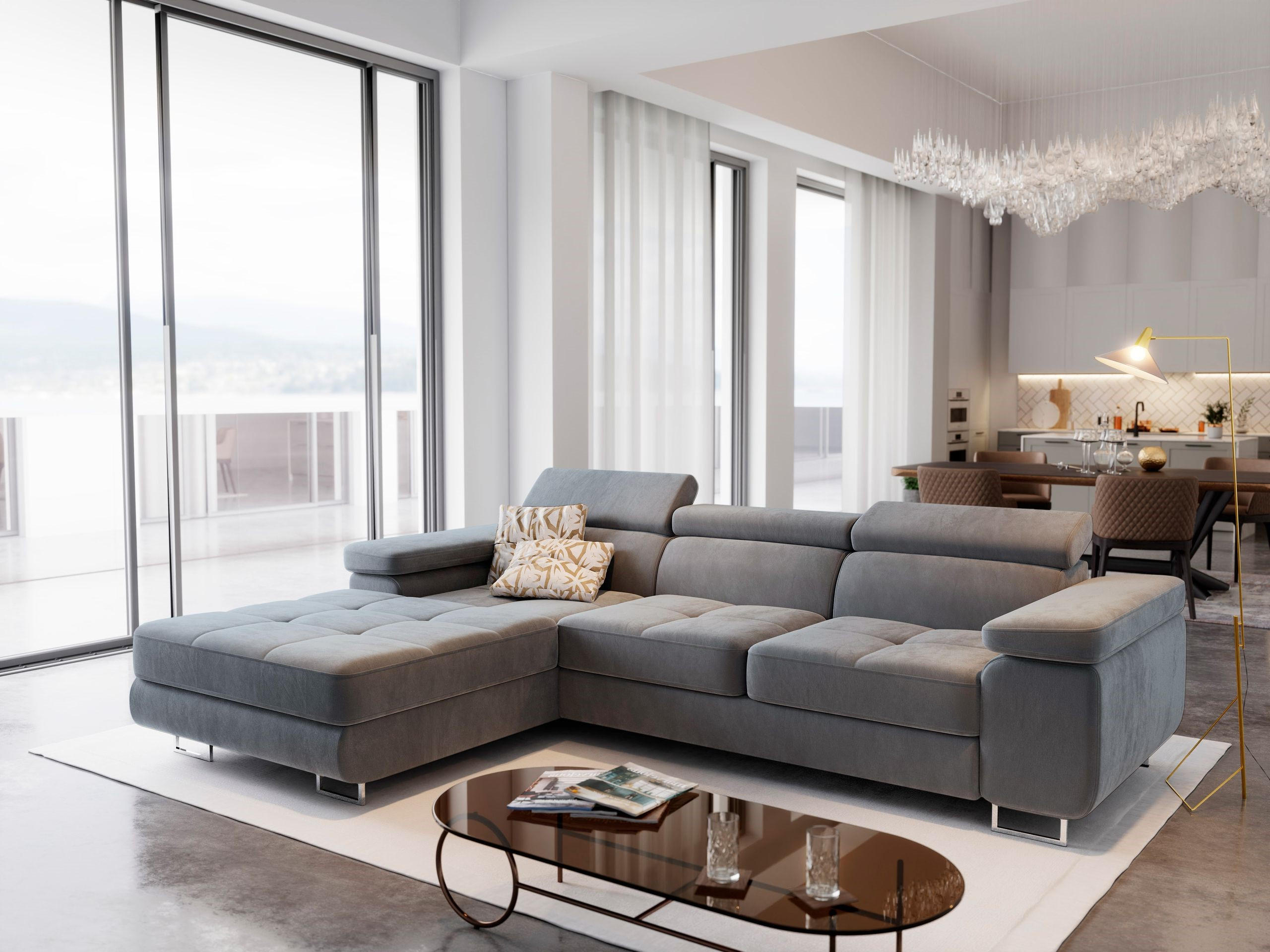 ECKSOFA ELMA L-S Hellgrau Velours-Stoff mit Schlaffunktion - Hellgrau, Holz (280/205cm) - MASSENO