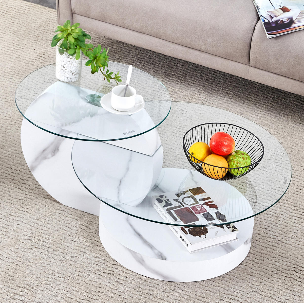 COUCHTISCH mit 50/70 cm Glasplatten, mehrstufiges Design und MDF-Gestell in Marmoroptik, Transparent, Weiß - Weiß, Holzwerkstoff (90/70/44cm) - Modfu