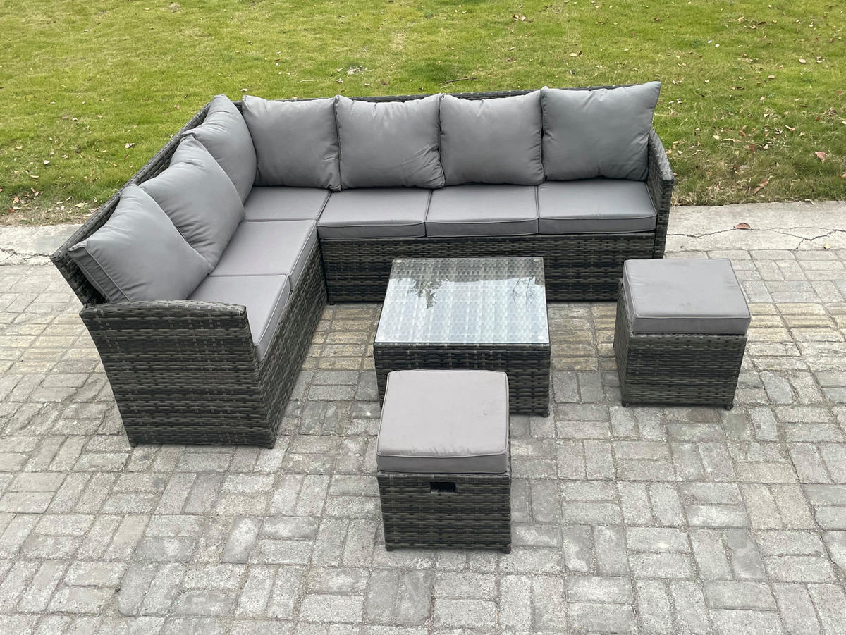 GARTENGARNITUR mit Ecksof,Couchtisch Polyrattan Dunkelgrau 8-Sitzer - Dunkelgrau/Grau, Glas/Kunststoff - Fimous