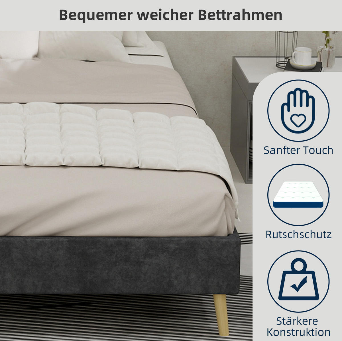 POSTEĽ 140/200 cm sivá z látky a kovu s pevnou konštrukciou v modernom štýle - sivá, textil (140/200cm) - OKWISH