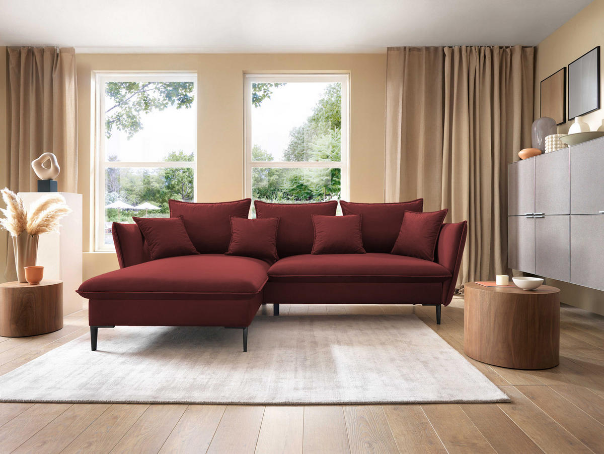 ECKSOFA GLOSS mit Schlaffunktion, Ottomane & goldenen Füßen – Samtsofa im GLOSSour-Stil mit Zierkissen, 258x167x91cm, Linke, MÜNZE - Lila, Holz/Textil (167/258cm) - DomoHome