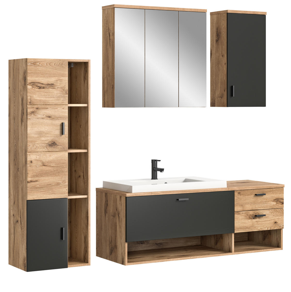 BADMÖBEL-SET Eiche, grau matt 5-teilig 200 cm, Kombination mit Waschbecken - Eichefarben/Grau, Holzwerkstoff (203/192/48cm) - Inn.Furn