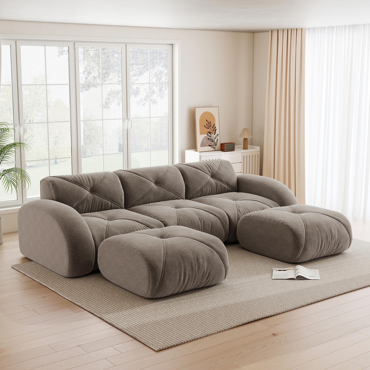 WOHNLANDSCHAFT Chenille Taupe mit 2 Hocker - Braun, Textil (281/76/171cm) - WISHDOR