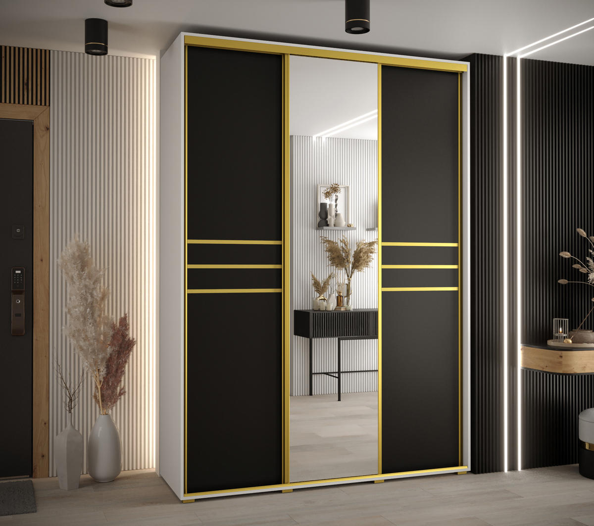 SCHWEBETÜRENSCHRANK 235,2/180/45 3-türig - Goldfarben/Schwarz, Holz/Metall (180/235/45cm) - Abiks Möbel
