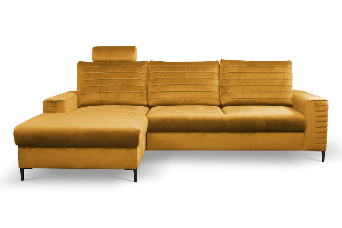 ECKSOFA GRIFO L-S Gelb Velours-Stoff mit Schlaffunktion - Gelb, Holz (253/165cm) - MASSENO