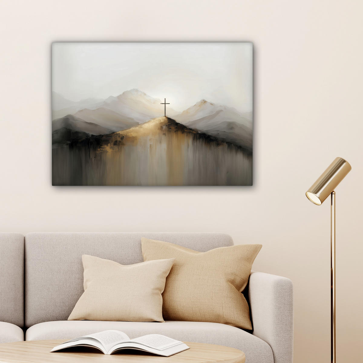 LEINWANDBILD Hügel - Abstrakt - Kreuz - Christentum Wandbilder 80x60 cm - Beige, Textil (80/60cm) - MuchoWow