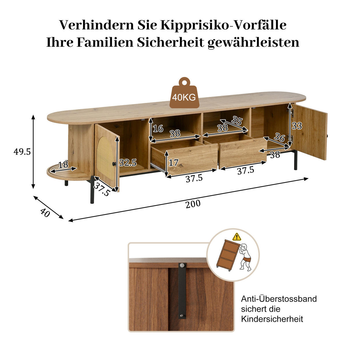 TV-SCHRANK Oval Rattan Schiebetüren Metallbeine modern - Naturfarben, Holzwerkstoff (40/49.5/200cm) - FLIEKS