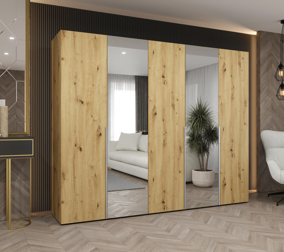 DREHTÜRENSCHRANK 202/250/52 5-türig - Kaschmir/Eiche Artisan, Holz (250/202/52cm) - Abiks Möbel