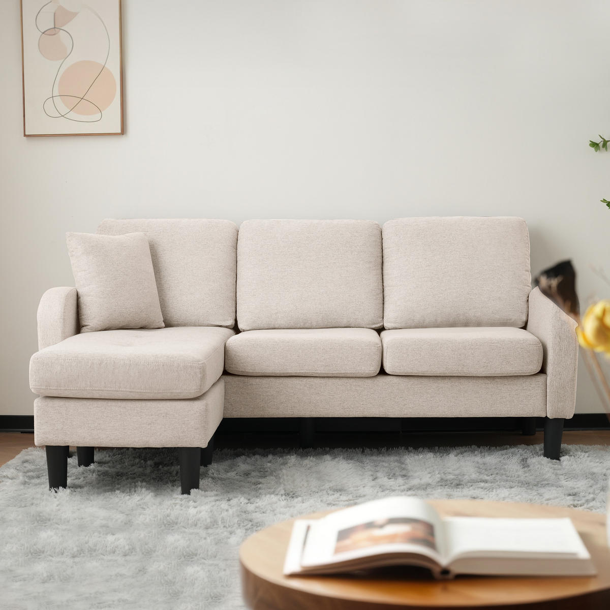 ECKSOFA 166x118x77cm Baumwoll-Leinen Chaiselongue 3-Sitzer - Beige, Holz (107.95/52.07cm) - FLIEKS