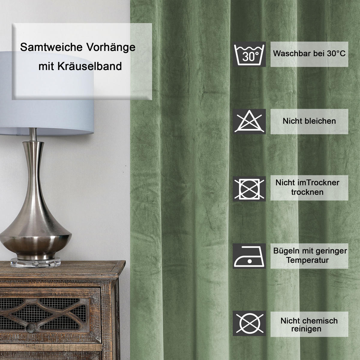 VORHANG Kräuselband Samt 140/245 cm Lindgrün - Hellgrün, Textil (140/245/245cm) - TiborTex