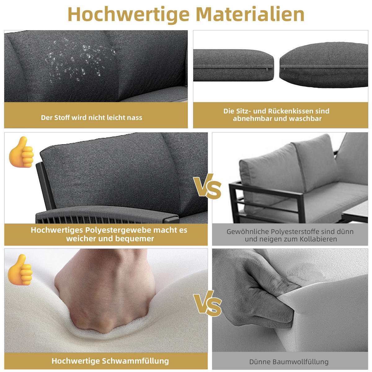 LOUNGESET 8 Personen Grau Seil Mit Großem Tisch & Verstellbaren Füßen - Grau, Holzwerkstoff - FLIEKS