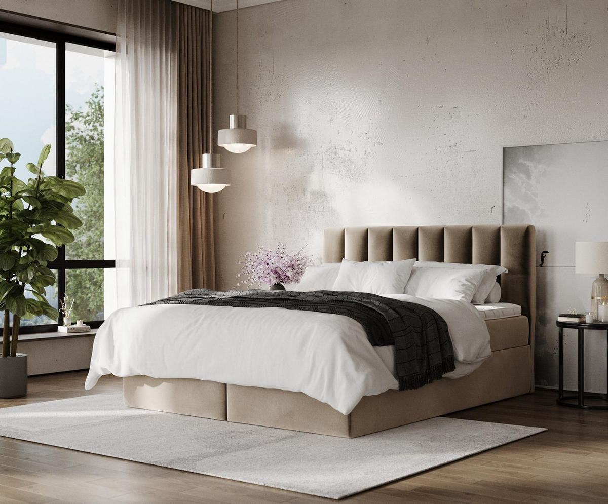 BOXBETT Lusso 200/200 cm Taupe im Paros Stoff - Taupe/Schwarz, Holz/Holzwerkstoff (200/200cm) - AltaBeds