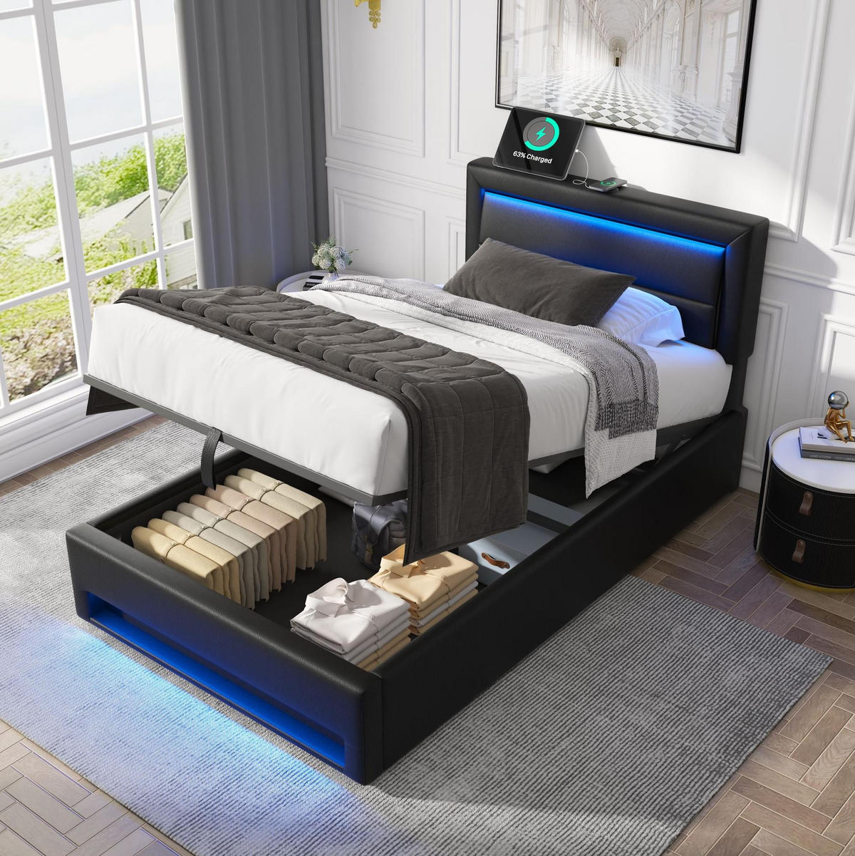 POLSTERBETT mit LED-Beleuchtung 90/190 cm mit Bettkasten & USB, PU-Kunstleder Schwarz - Schwarz, Kunststoff (90/190cm) - BEAOK