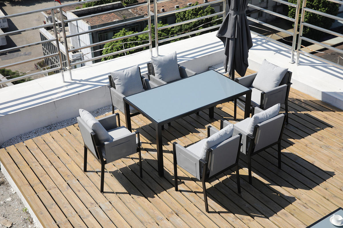 ESSGRUPPE Yolo 1 Esstisch + 6 Stühle, Sitz- und Rückenkissen - Schwarz, Metall - TPFGarden
