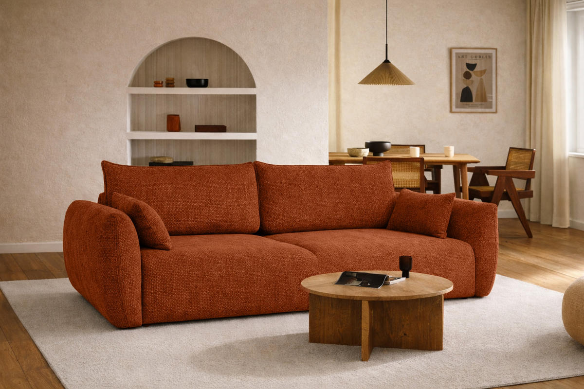 SOFA Mit Schlaffunktion Und Bettkasten, Chenille-Stoff Flow, Kupfer, Zephira - Orange, Holz (238/87/140cm) - Kaiser Möbel