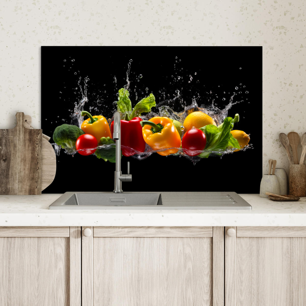SPRITZSCHUTZ KÜCHE Paprika - Wasser - Gemüse - Schwarz 60x40 cm - Multicolor, Metall (60/0.3/40cm) - MuchoWow