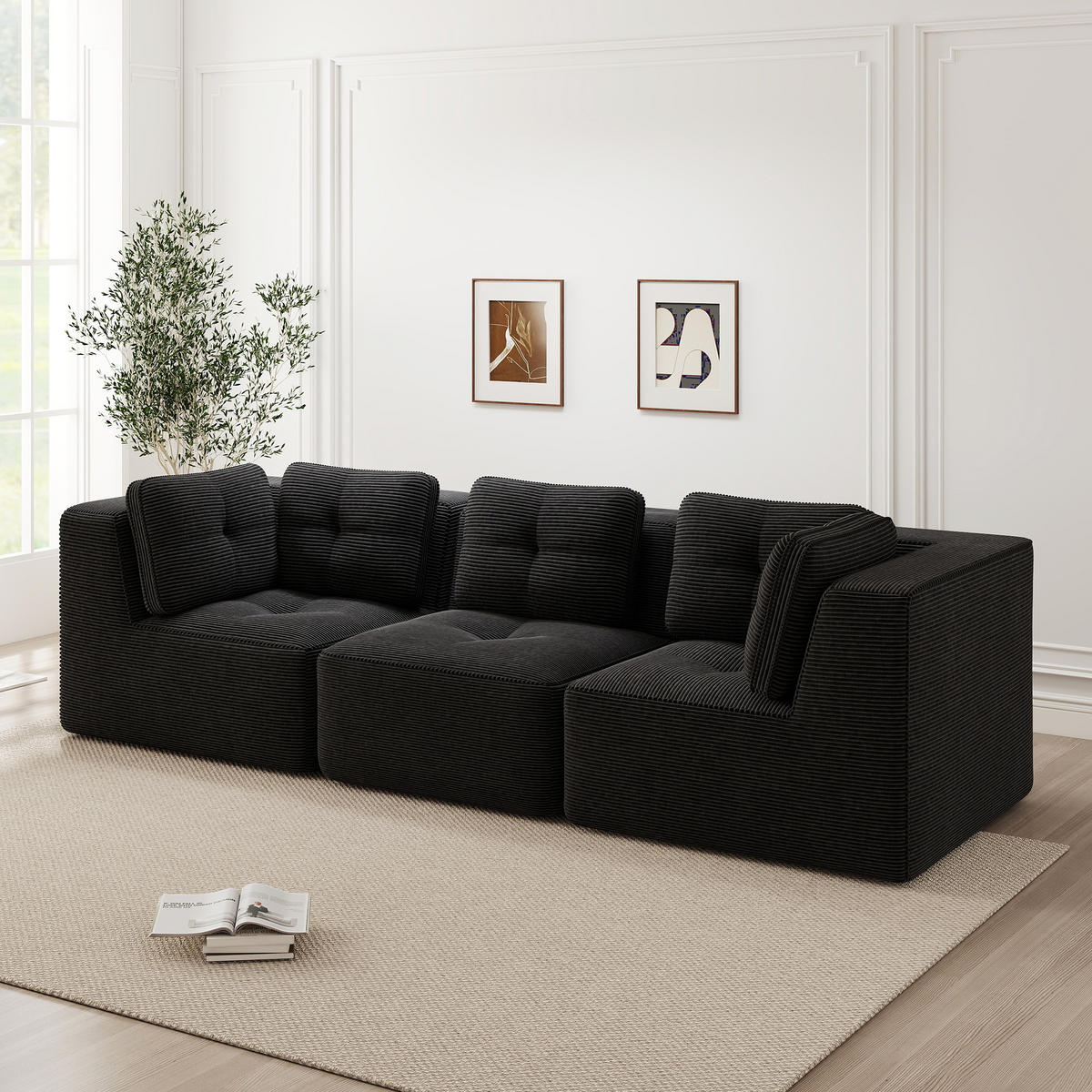 3-SITZER Sofa 297x104x69 cm aus Cordstoff rahmenlos modular, schwarz - Schwarz, Textil (104/69/297cm)