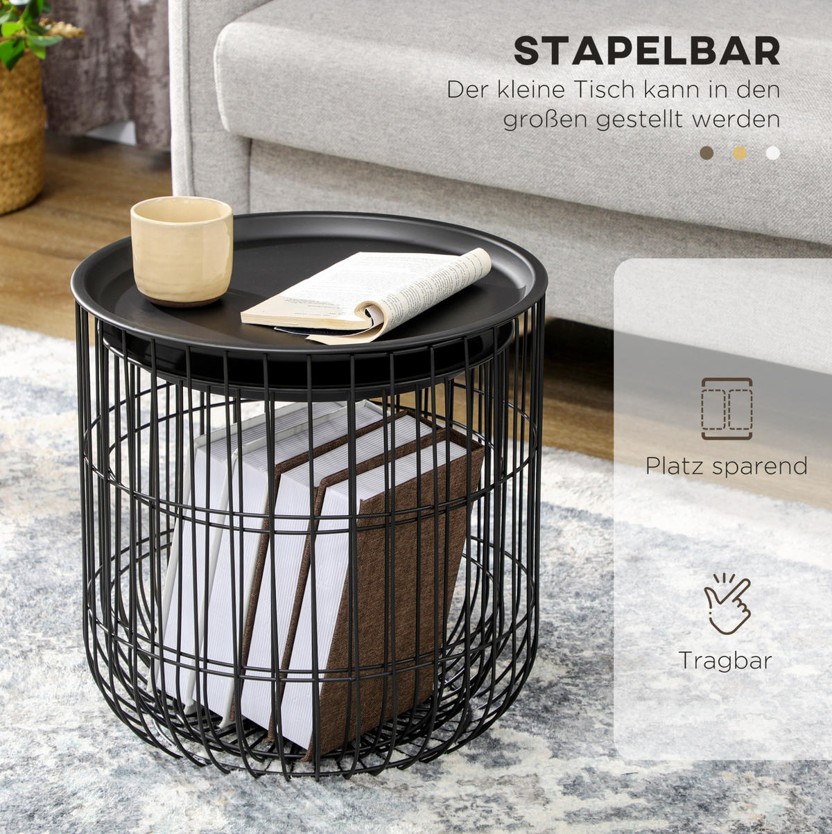 COUCHTISCH aus Stahl Ø4040/Ø35x35 cm in Schwarz mit Stauraum - Schwarz, Metall (40/40/40cm) - Modfu