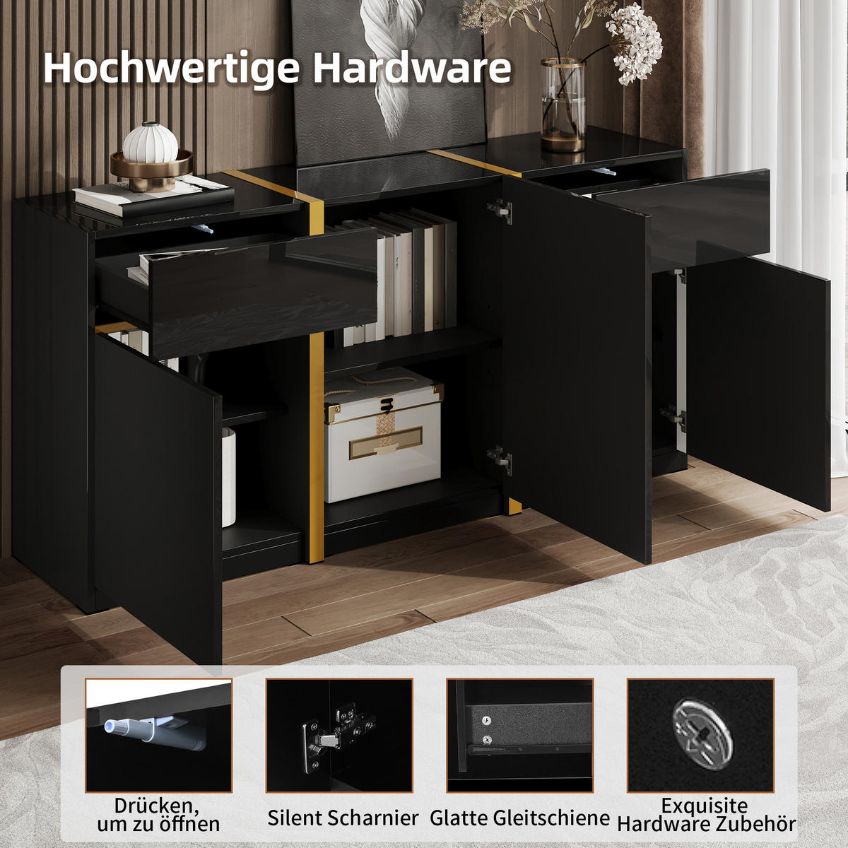 SIDEBOARD Hochglanz 3 Türen 2 Schubladen modern - Schwarz, Holzwerkstoff (40/78/160cm) - FLIEKS
