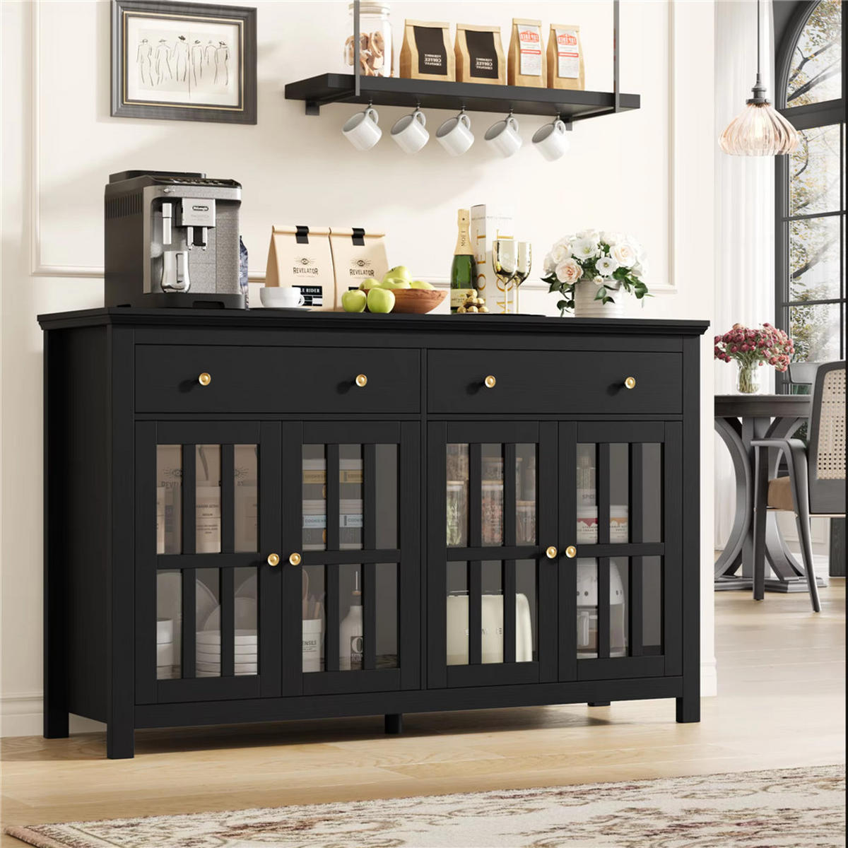 SIDEBOARD 140/91/40 cm Küchenschrank, 2 Schubladen, Schwarz - Schwarz, Holz (140/91/40cm) - Coonoor