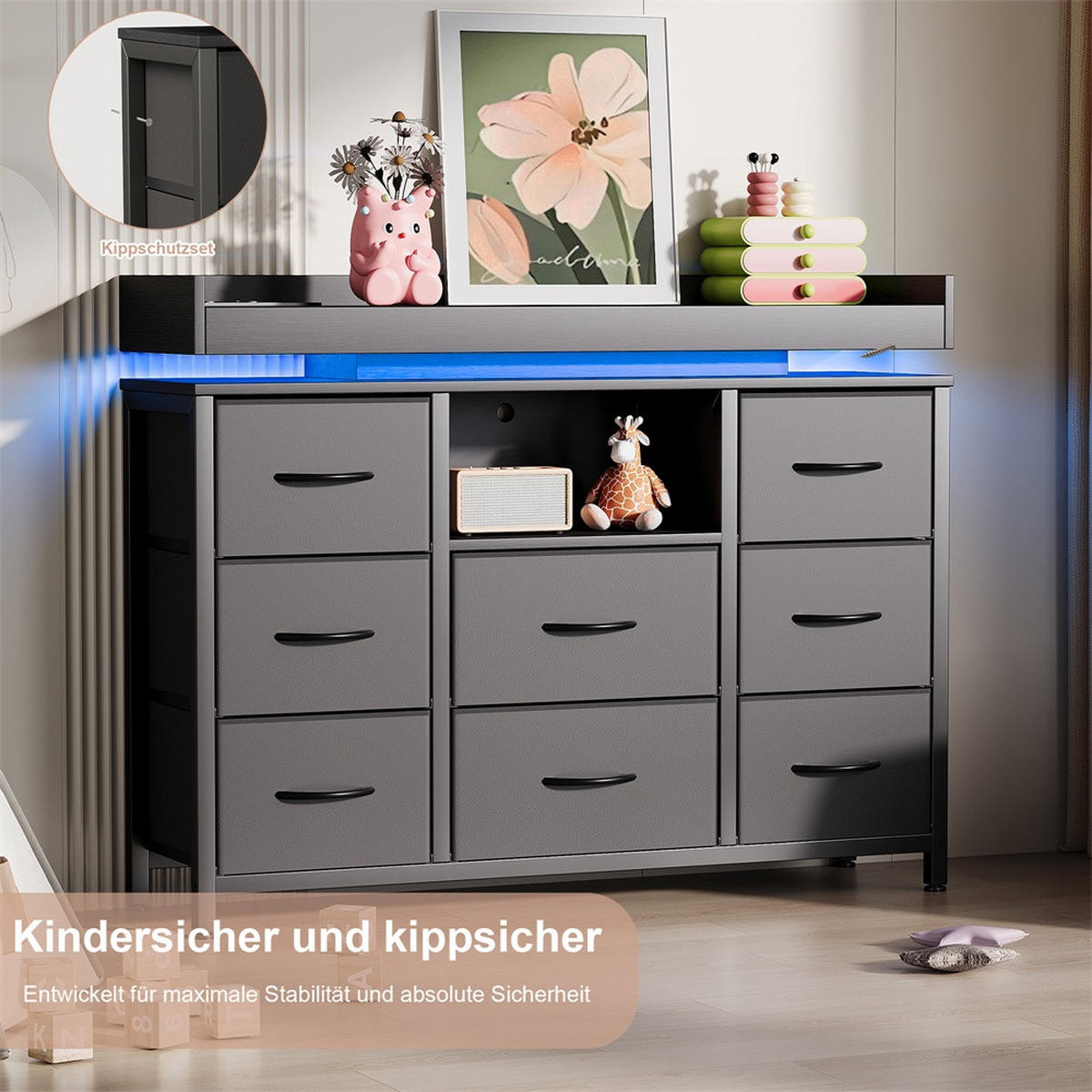 KOMMODE mit 8 Schubladen - integrierte Ladestation und RGB-LED-Beleuchtung - Schwarz - Schwarz, Holzwerkstoff (108/82/30cm) - DELFA