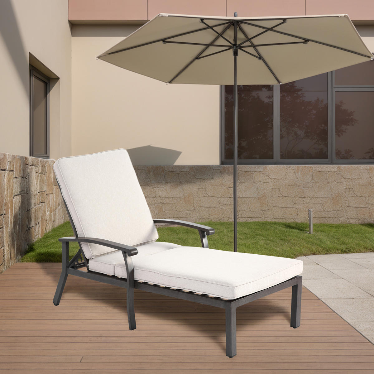 GARTENLIEGE Aluminium mit 5-fach verstellbarer Rückenlehne, Kissen 204/58/100 cm Beige - Beige, Metall (68/100/204cm) - Redom