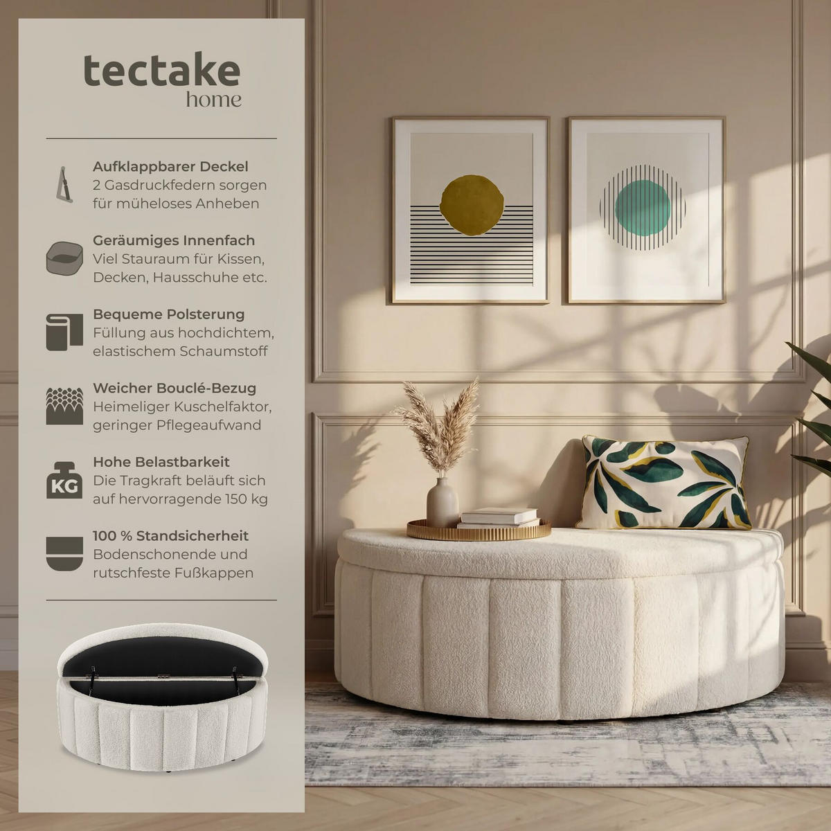 POLSTERBANK Moon mit großem Stauraum, Belastbarkeit 150 kg, 108 x 48 x 38,5 cm, Bouclé creme - Creme, Holz (108/40/48cm) - tectake