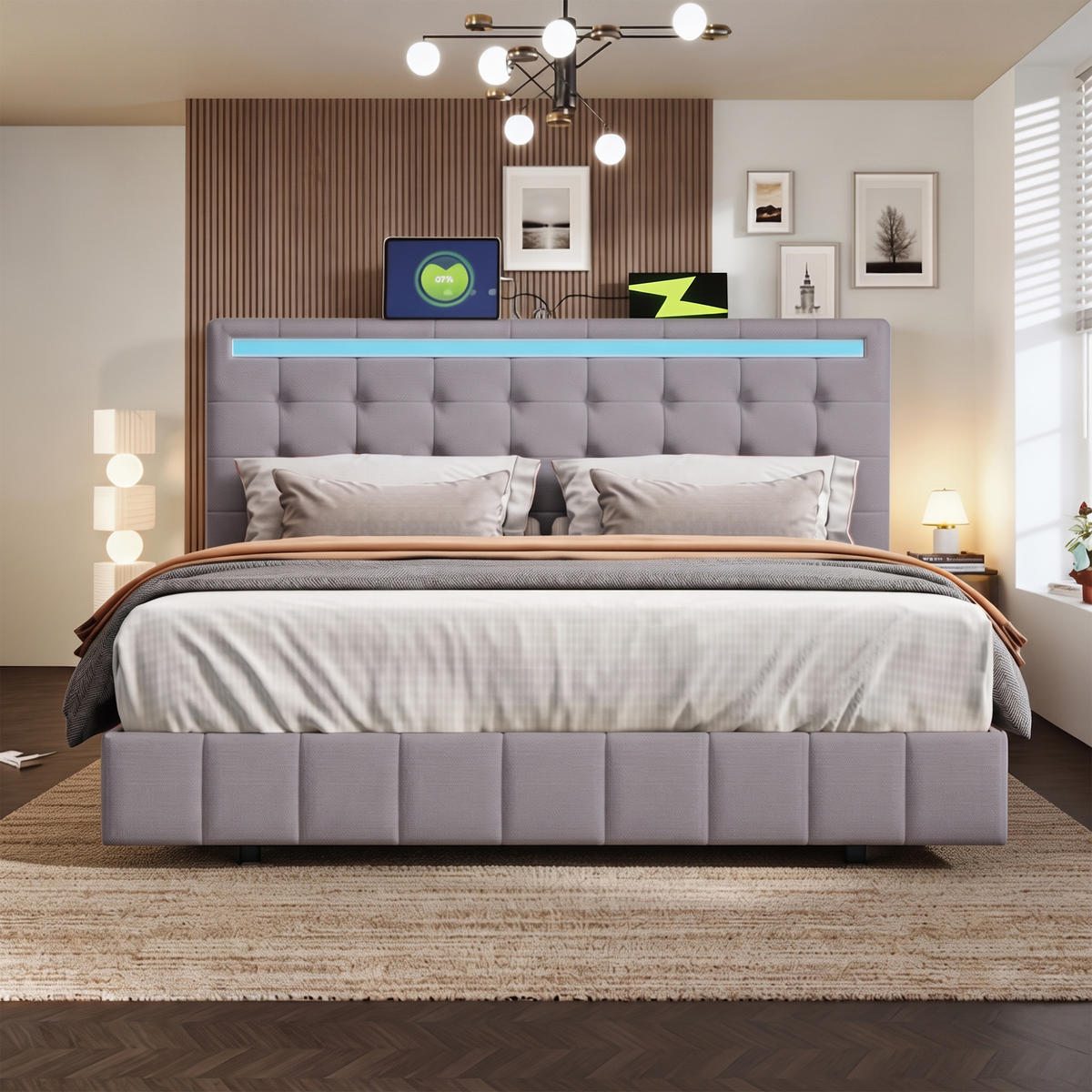 POLSTERBETT 160x200 cm mit LED und USB, Doppelbett mit Lattenrost und Kopfteil höhenverstellbares, Leinenbezug, Grau - Grau, Holz/Textil (160/200cm) - GENKI LIVING