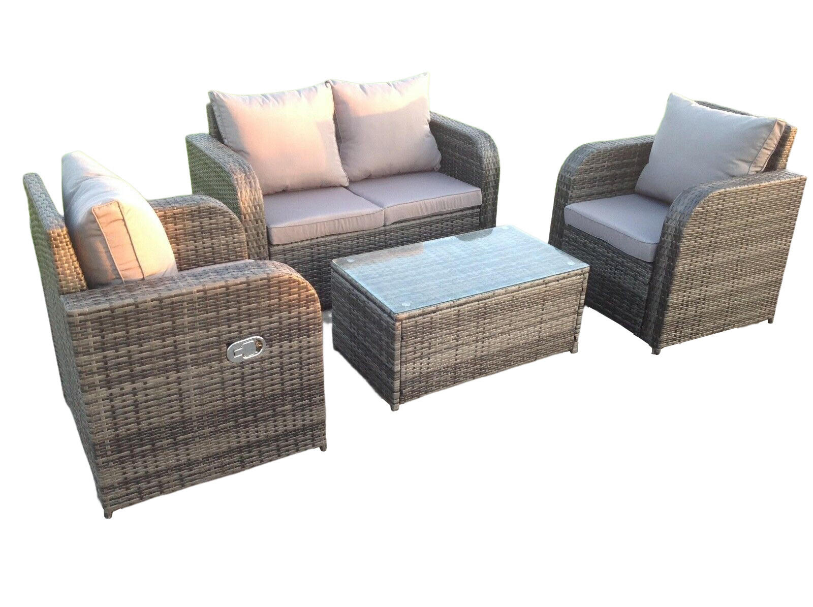GARTENMÖBELSET mit Couchtisch Polyrattan 4-Sitzer - Dunkelgrau/Grau, Glas/Kunststoff - Fimous