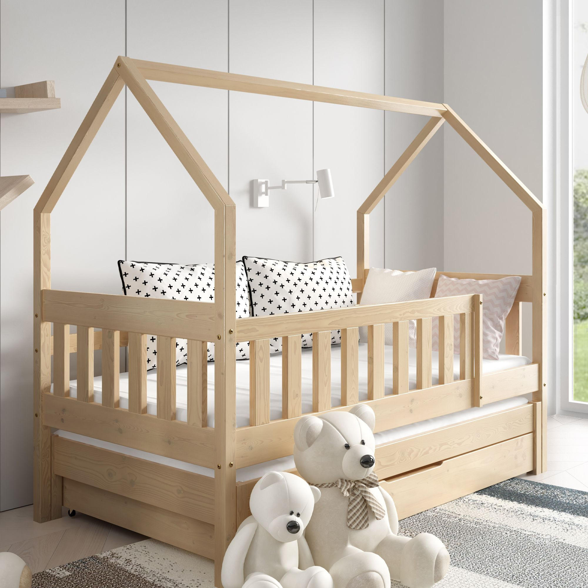 KINDERBETT Holzbett LUMBE, Hausform - Kieferfarben, Holz (80/160cm) - KONSIMO®
