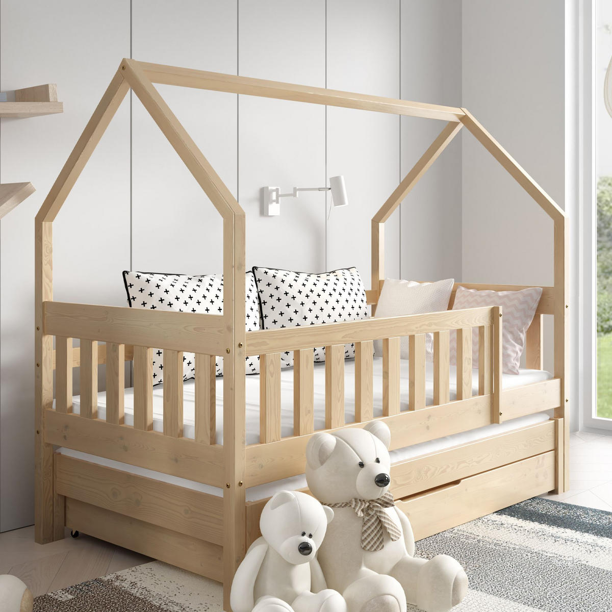 KINDERBETT Holzbett LUMBE, Hausform - Kieferfarben, Holz (80/160cm) - KONSIMO®