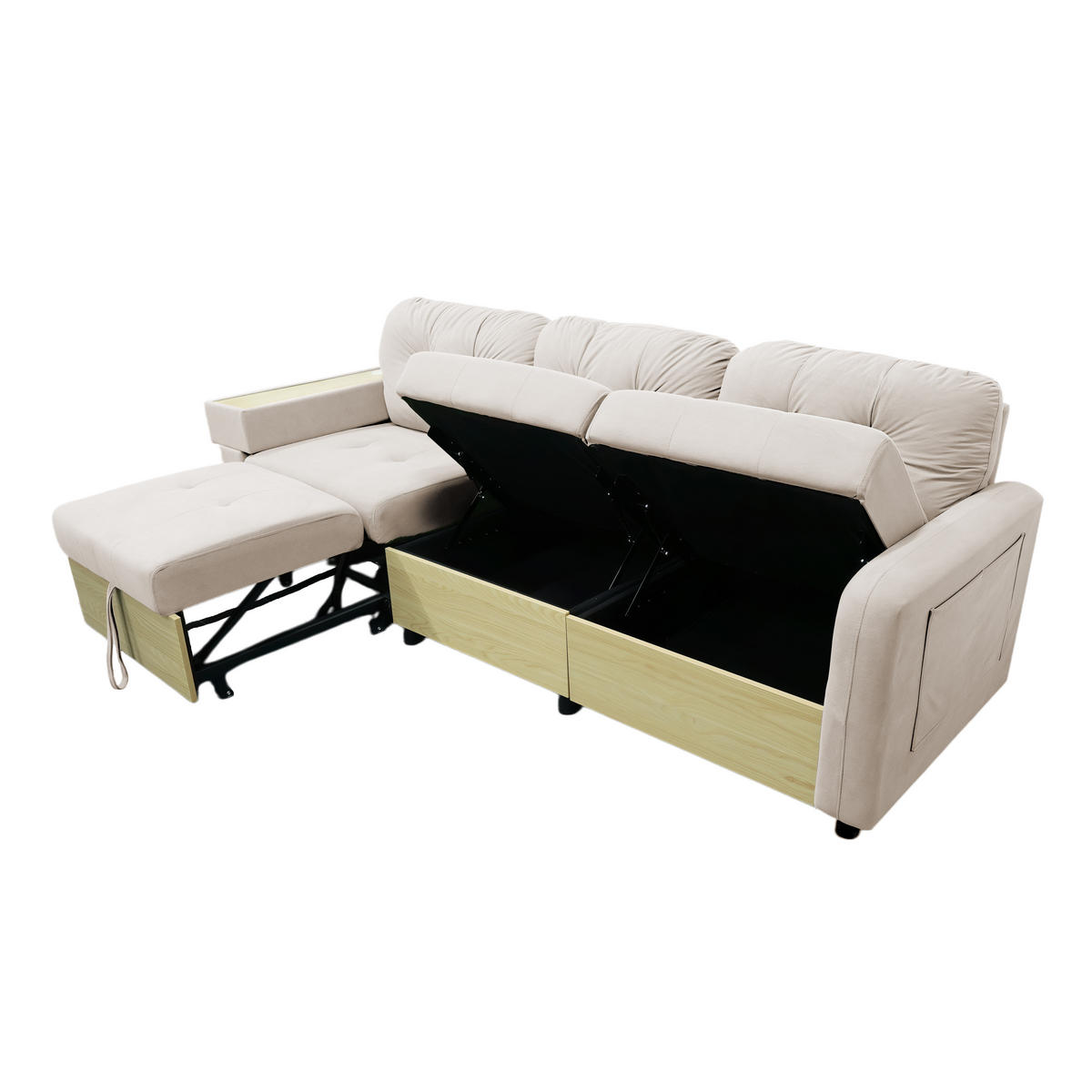 ECKSOFA 228/115/78 cm Beige mit Ausziehbarer Fußhocker, USB-Anschluss und Aufbewahrungstasche - Beige, Textil (228/80cm) - Oxeza