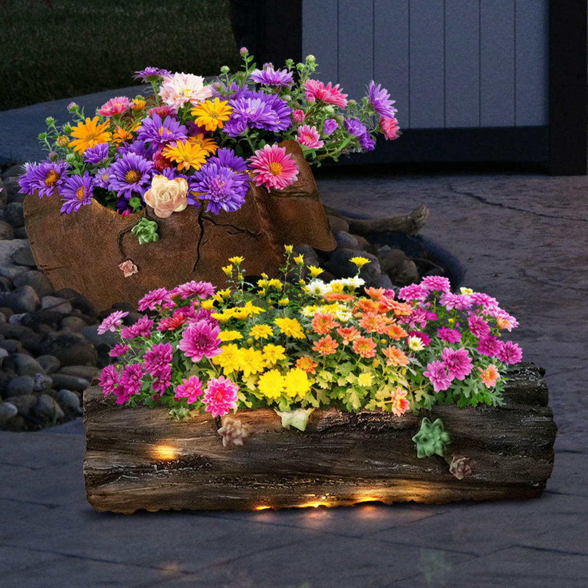 LED AUSSENLEUCHTE Grau Holzstamm 2er Set - Grau, Kunststoff (27/20/20cm) - Globo Lighting