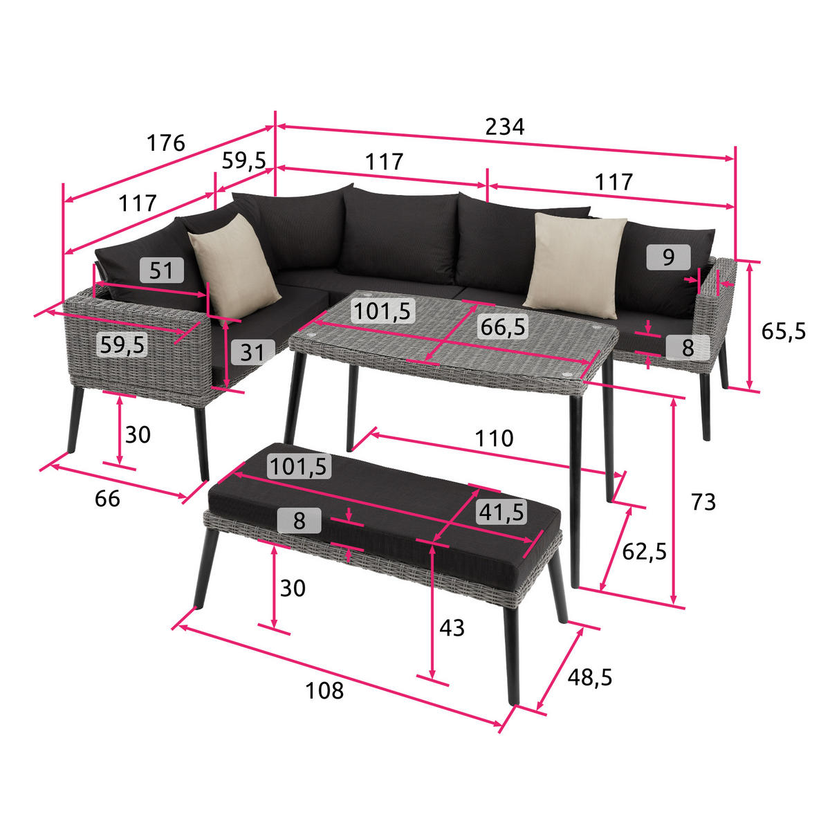 RATTANLOUNGE Pula,mit Sicherheitsglasplatte,grau - Grau, Kunststoff/Metall - tectake