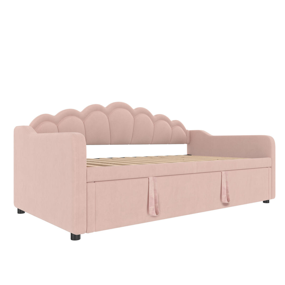 TAGESBETT aus Samt 90x200/180x200 cm Rosa mit Ausziehbett und LED-Beleuchtung, gewelltem Kopfteil - Rosa, Textil (90/200cm) - Modfu