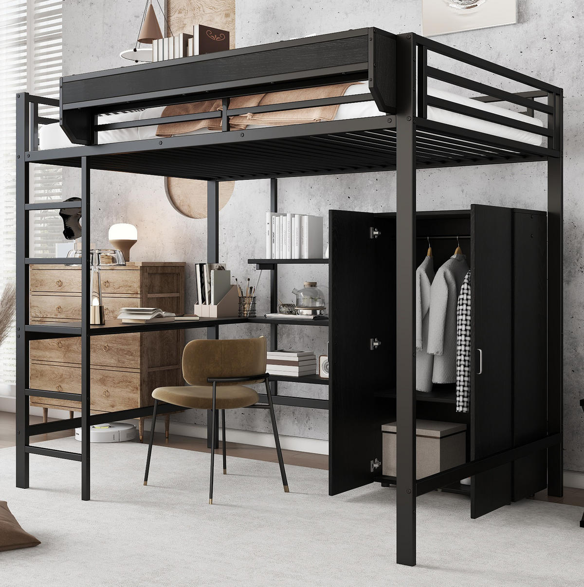 HOCHBETT 140/200 cm mit Schreibtisch, Kleiderschrank, Ablage und viel Stauraum, Schwarz - Schwarz, Holzwerkstoff (140/200cm) - Redom