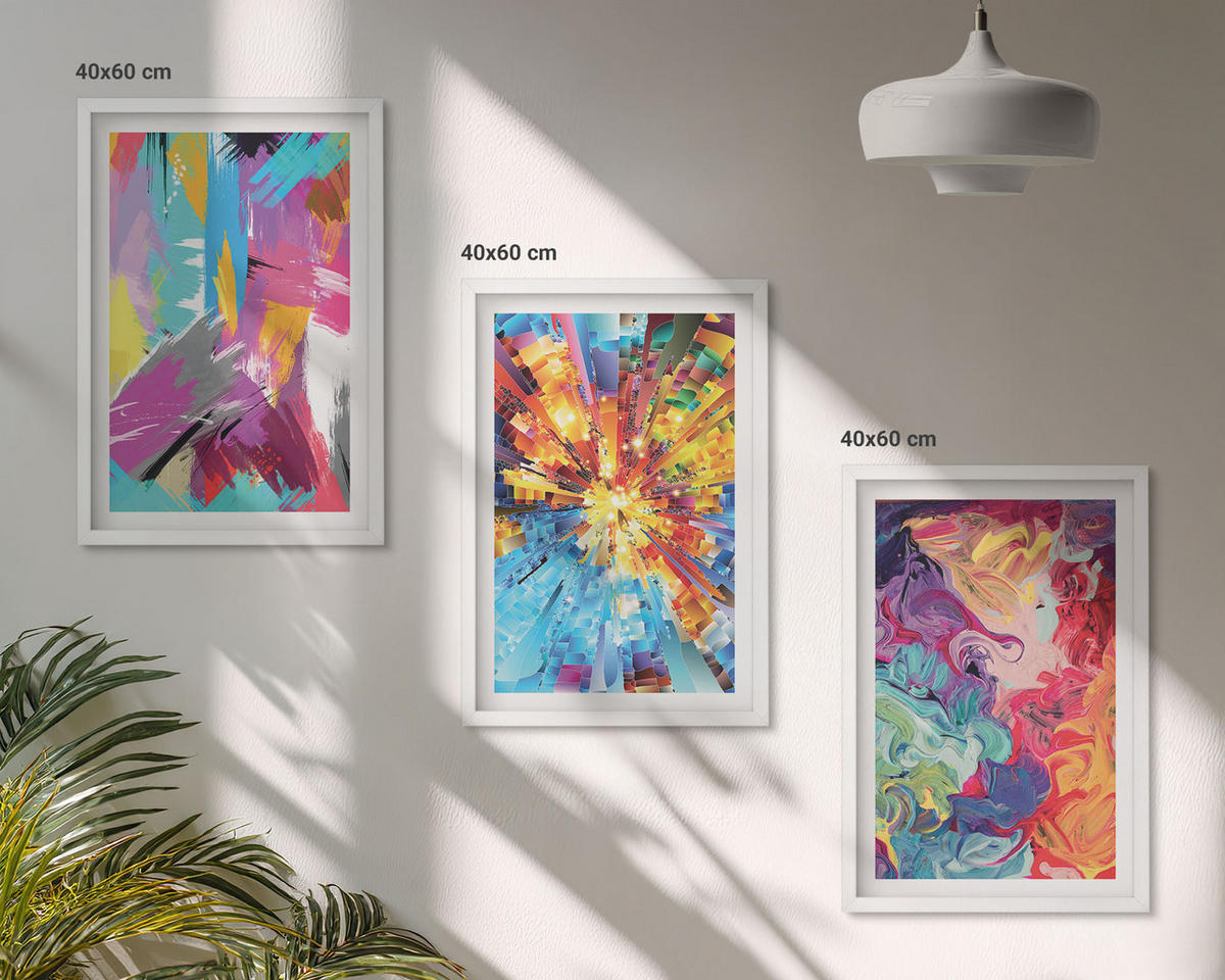 BILDER SET 3er Set - 40x60 cm Weißer Rahmen - Bunte abstrakte Farbmuster - Weiß, Kunststoff (40/60cm) - TULUP