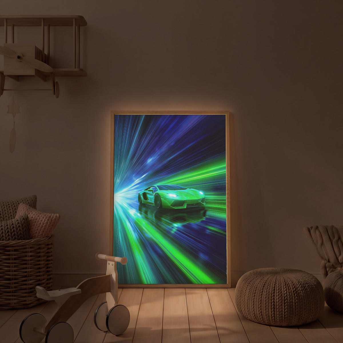 DOBÍJECÍ NOČNÍ LAMPIČKA Rychlost - Lehké - Sportovní vůz - Zelená 60x90 cm - zelená barva, kompozitní dřevo (8/60/90cm) - OnlyWow