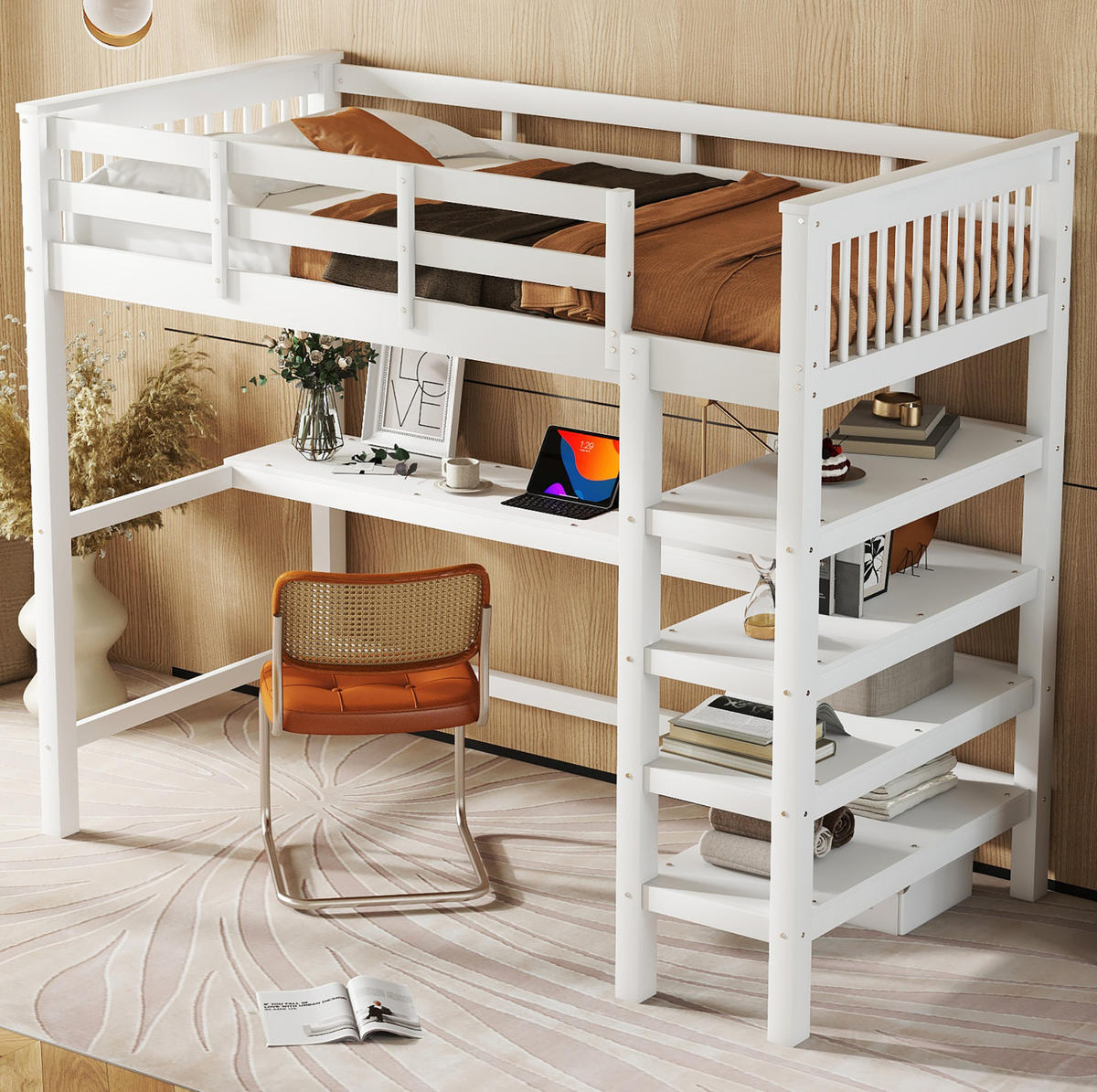 HOCHBETT aus Kiefernholz und MDF 90x200 cm Weiß mit Schreibtisch und Ablagefächern - Weiß, Holzwerkstoff (90/200cm) - IVMEU