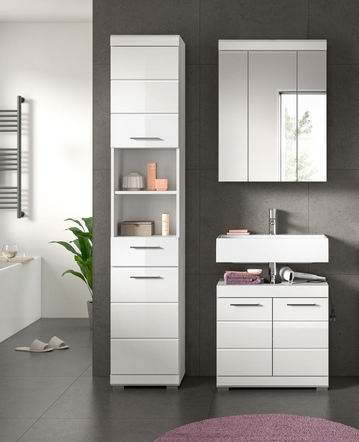 BADMÖBEL-SET weiß Hochglanz 3-teilig 112 cm, Komplettset mit viel Stauraum - Weiß Hochglanz, Glas/Holzwerkstoff (112/191/34cm) - Inn.Furn