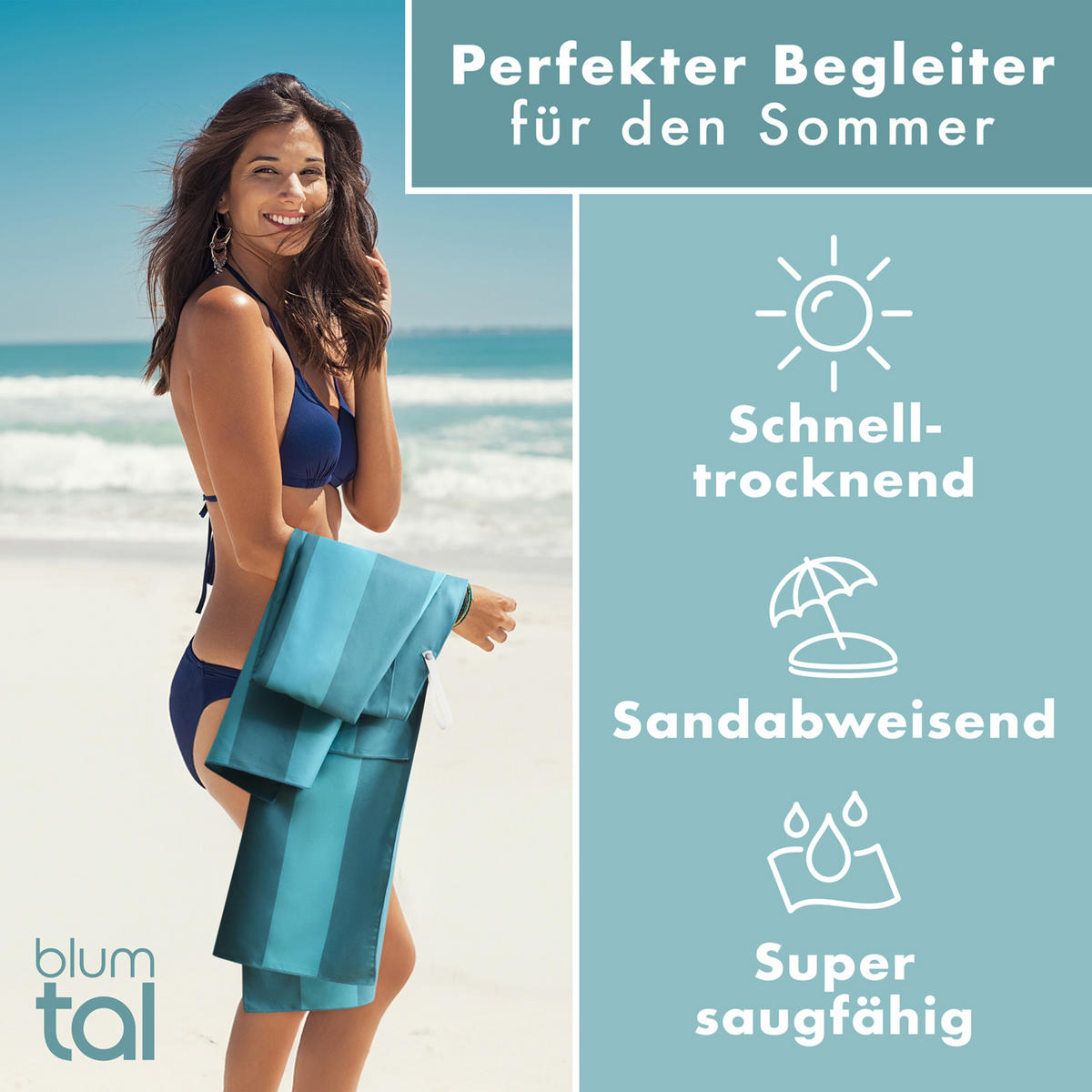 STRANDTUCH Thor 90/180 cm, Türkise Streifen - Türkis/Blau, Textil (90/180cm) - Blumtal