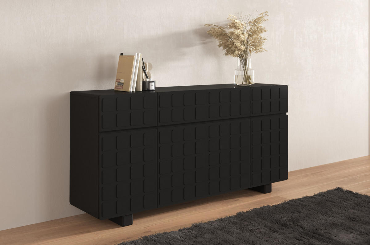 SIDEBOARD Cubo Long, Geometrische 3D Fronten, 169 cm, Schwarz - Schwarz, Holz/Holzwerkstoff (168.9/83.8/41.8cm) - Skandica