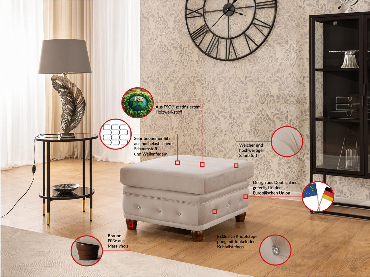 HOCKER Chesterfield Cleo Blink Beige Samt mit Kristallsteppung und braunen Massivholzfüßen - Beige/Braun, Holz/Textil (75/45/70cm) - S-Style Möbel