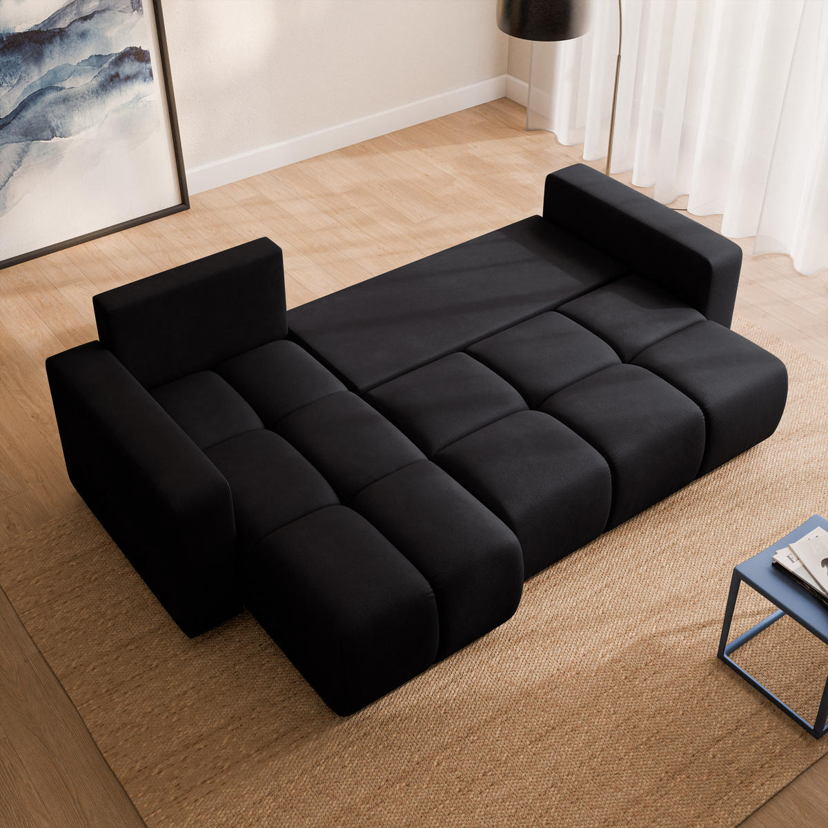 ECKSOFA RAMIL Schwarz Plüsch-Stoff mit Schlaffunktion - Schwarz, Holz (240/149cm) - MASSENO