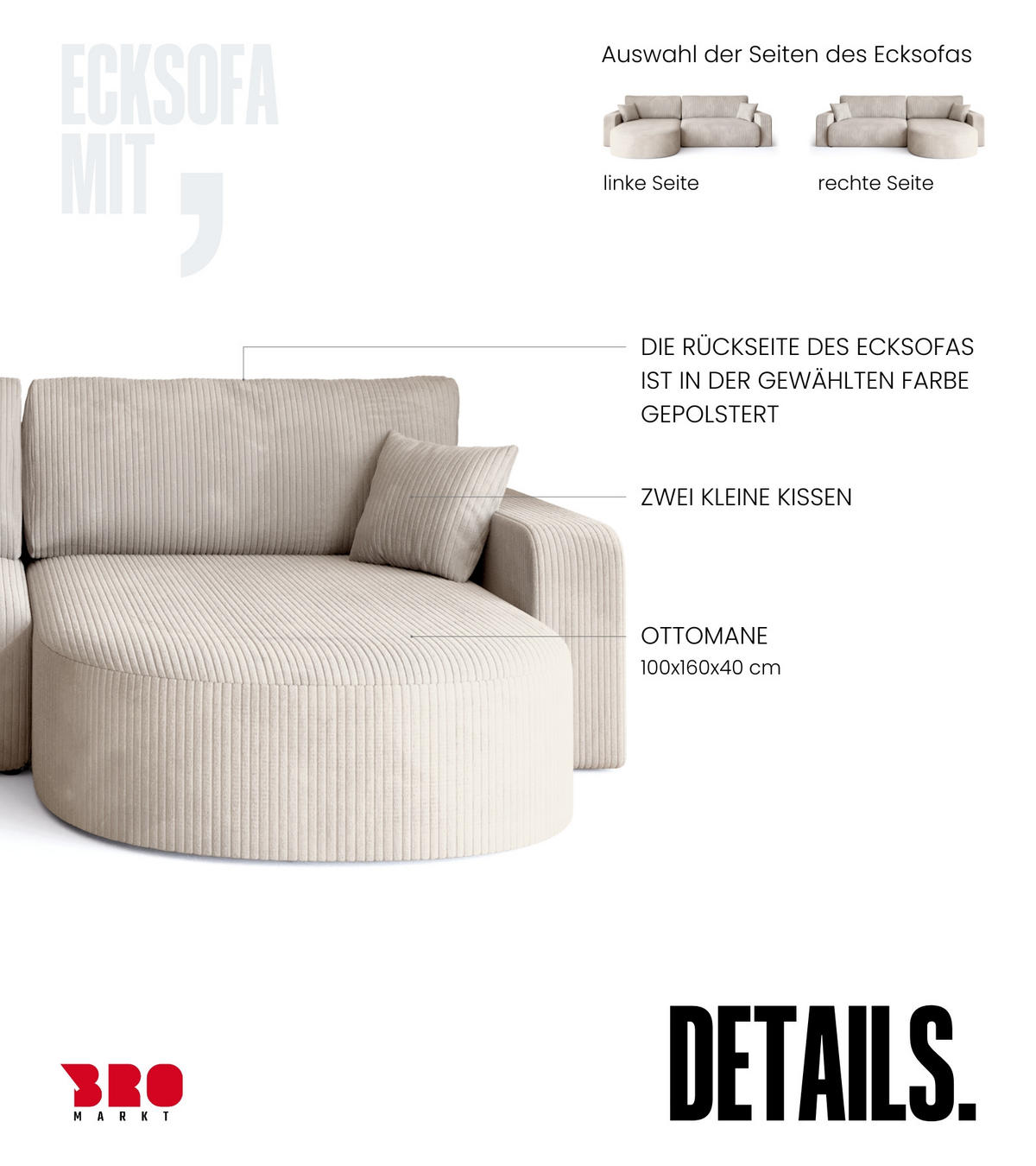 ECKSOFA Bisk mit Schlaffunktion Vanille Cordstoff - Creme, Textil (275/170cm) - Bromarkt
