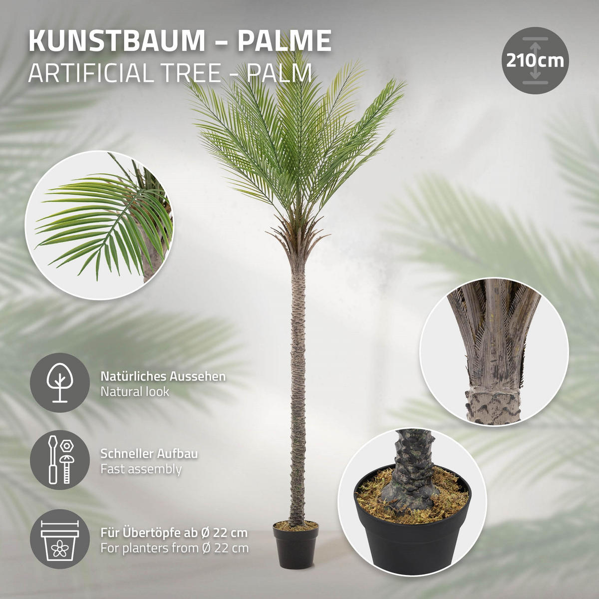 KUNSTPFLANZE Palme - Anthrazit/Grün, Holz/Kunststoff (210cm) - ML-DESIGN