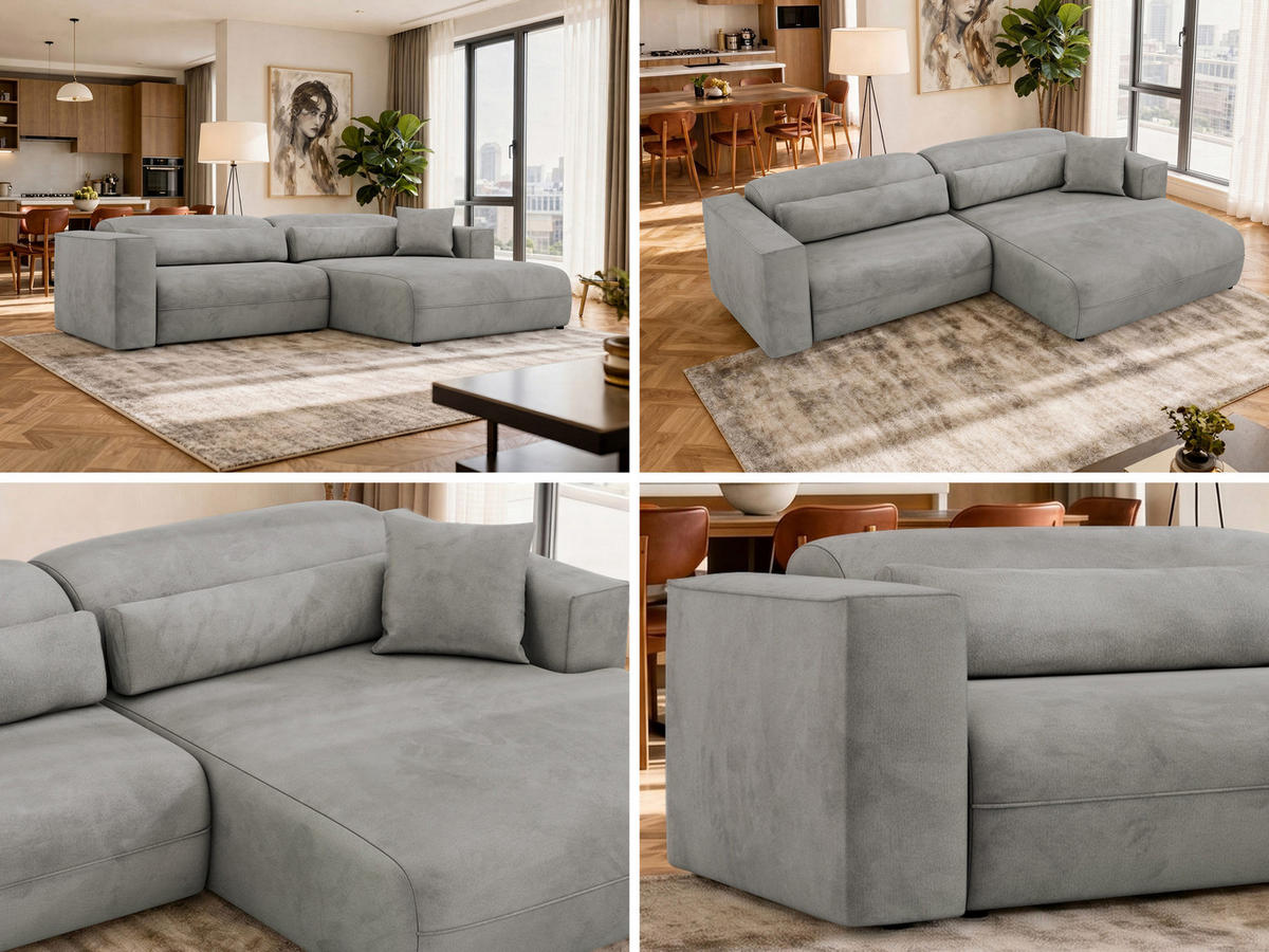 ROHOVÁ SEDAČKA PAZURRO L - Svetlosivá Samet - Vpravo - čierna/svetlosivá, textil/plast (288/180cm) - MKS