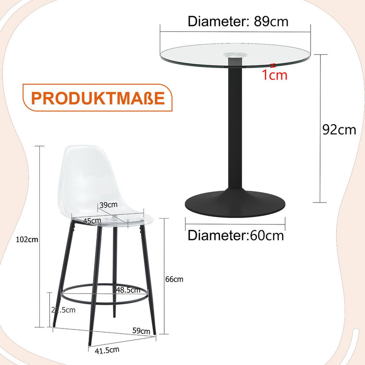 TISCHGRUPPE 3-tlg Glas 89 cm mit 2 Barhockern Metallgestell Schwarz - Transparent, Glas/Metall (80/11/94.5cm) - Raelunyi