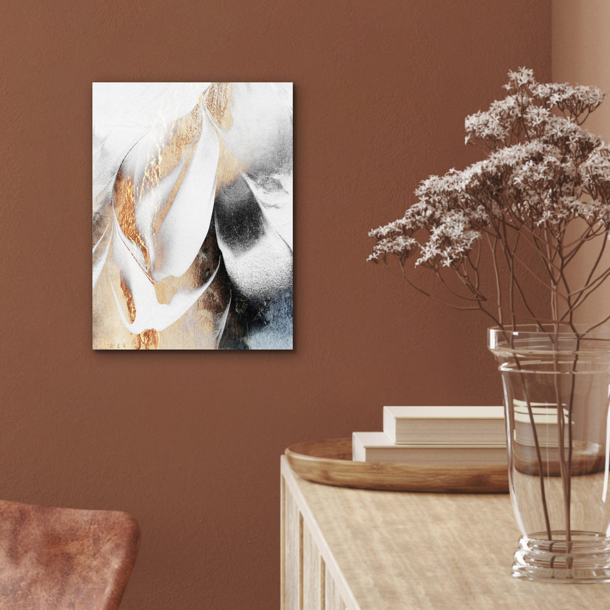 KOVOVÝ OBRAZ Luxusné - abstraktné - zlaté - biele 30x40 cm - zlatá, kov (30/40cm) - MuchoWow