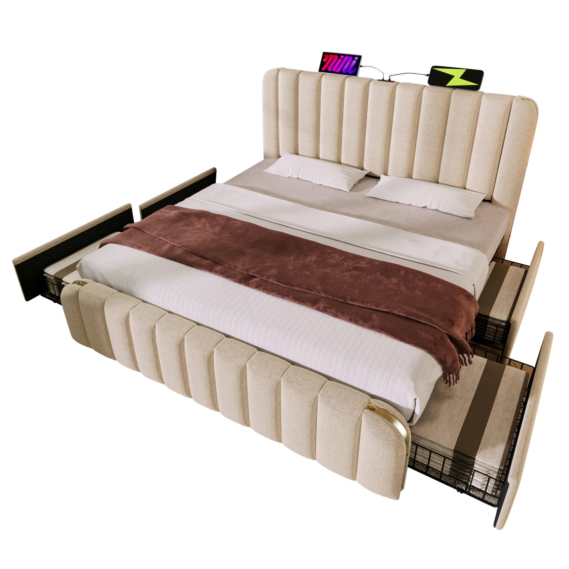 ČALÚNENÁ posteľ 180/200 cm s USB a Typ-C nabíjaním, 4 zásuvkami a matracom, Béžová - béžová, textil (180/200cm) - Redom